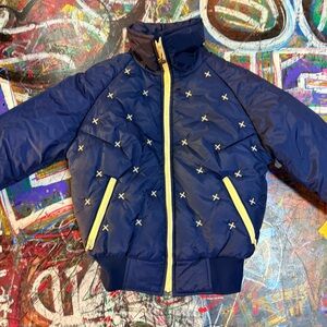 Vintage Skitique Ski Puffer Jacket Blue Yellow Cross Stitch Womens S